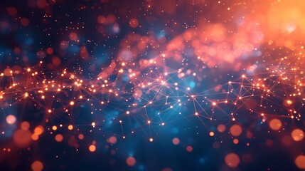 Obraz premium Abstract glowing particles and connecting lines with bokeh light effects, perfect for technology, science, and cosmic-themed projects. 3D Illustration.