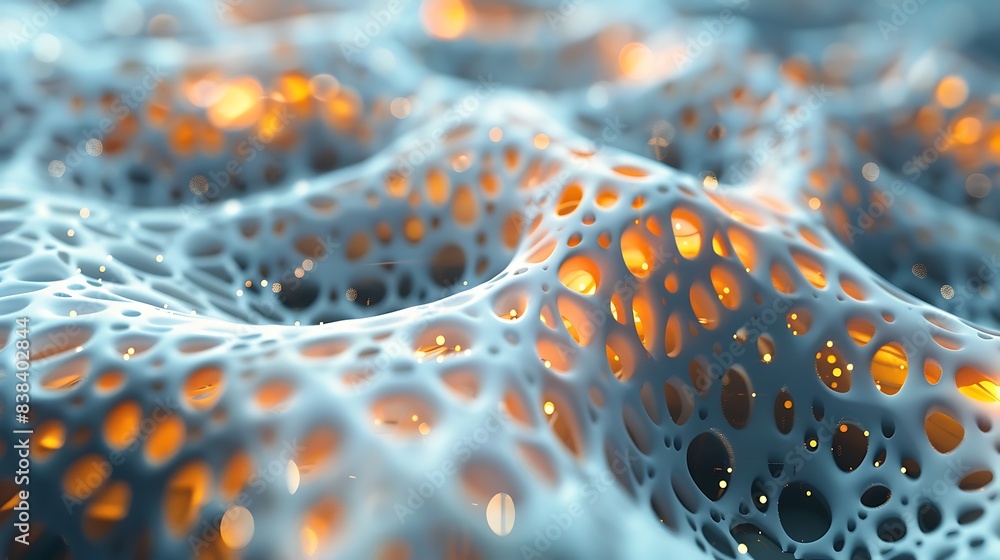 Aufkleber abstract image showcasing a close-up of a porous, cellular structure with glowing orange light. idea