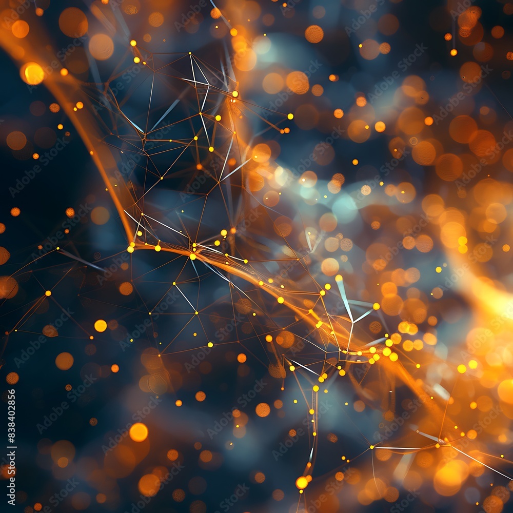 Poster abstract image with glowing orange and blue bokeh lights, representing a network connection or futur