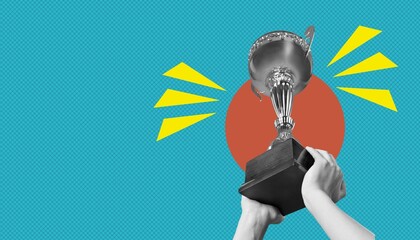 A contemporary collage hand holding a winning trophy.