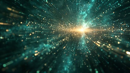 Fototapeta premium Abstract image showcasing a dynamic burst of bright teal and gold light particles, evoking a sense of speed and cosmic energy. 3D Illustration.