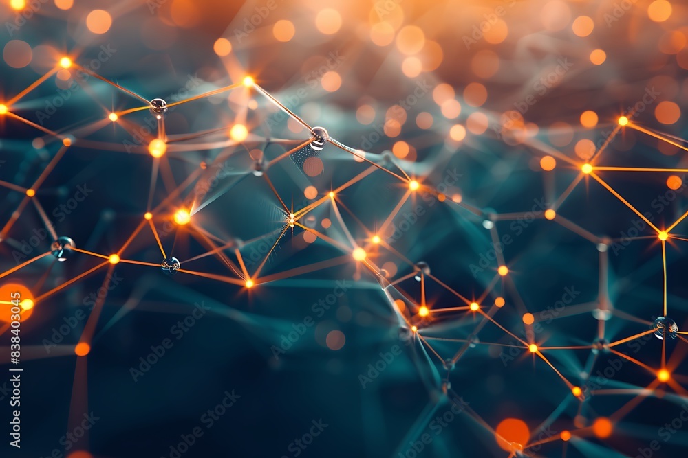 Poster abstract network concept with glowing connections and nodes on a dark background, representing data,