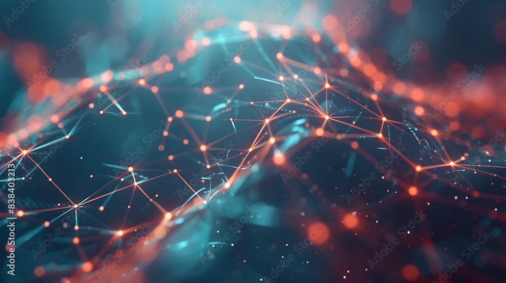 Poster abstract network of glowing connections and nodes on a blue and red background, symbolizing technolo