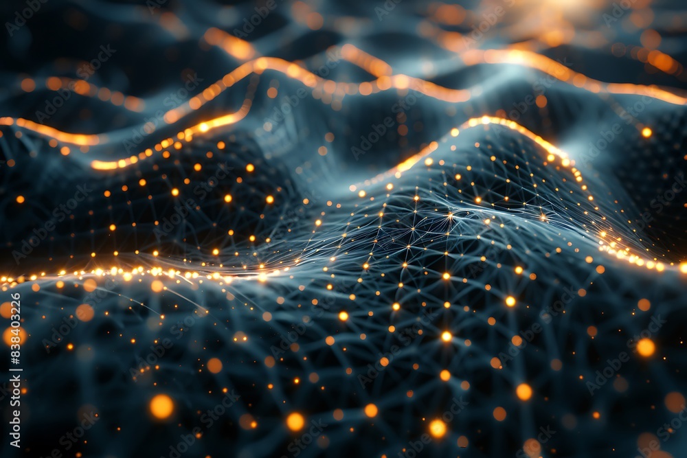 Poster abstract network of glowing dots and lines forming a wavy surface, representing data flow, technolog