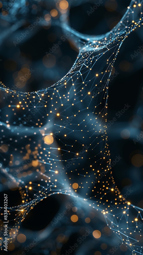 Poster abstract network of glowing dots and lines on a dark background, representing connectivity and techn