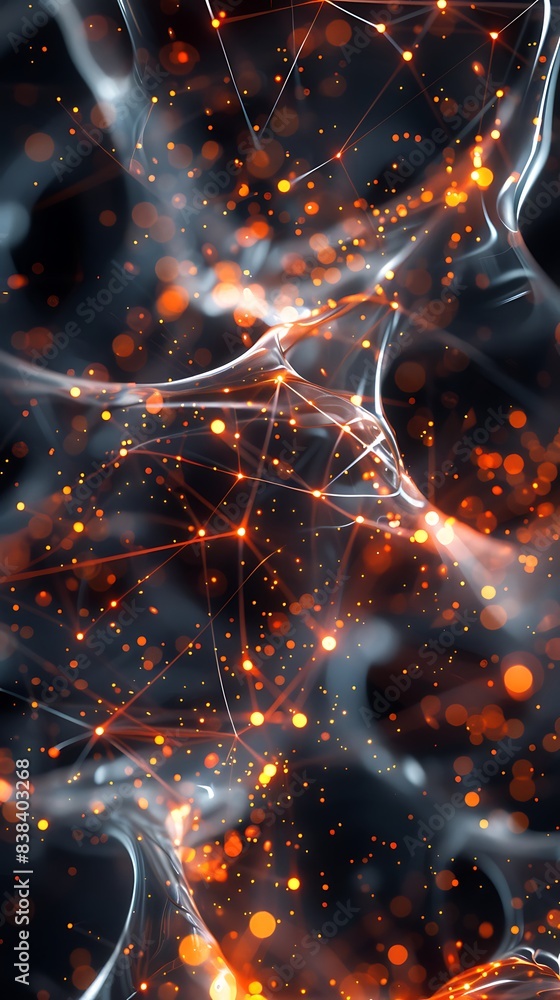 Poster abstract network of glowing orange and white lines and dots on a dark background, representing neura