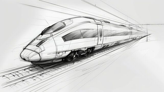 croquis noir et blanc d'une vue perspective d'un train &agrave; grande vitesse
