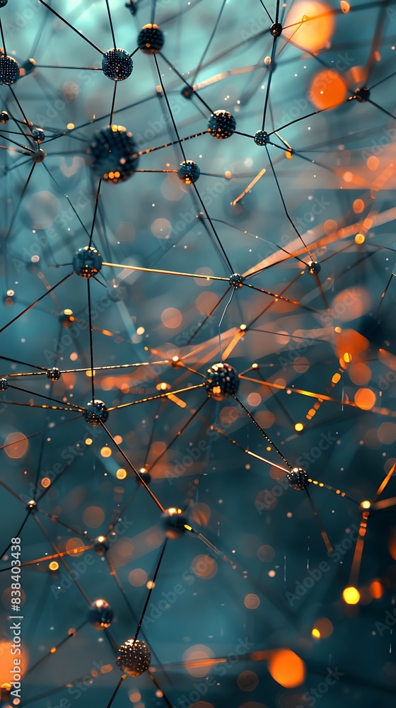 Poster abstract network of interconnected nodes with glowing lights, representing data transmission, techno