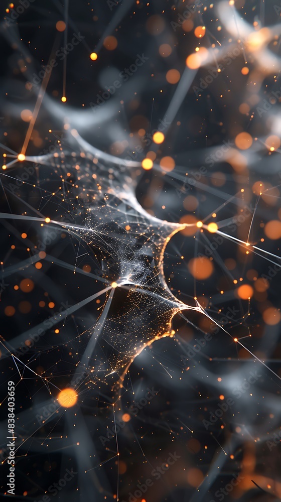 Poster abstract network with glowing connections and bright spots on a dark background, depicting interconn