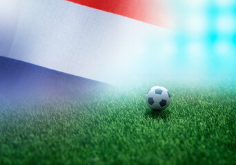 Football Netherlands nation flag on Green Field , soccer tournament