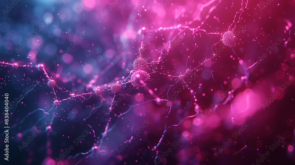 Poster abstract neural network with pink and blue lights, representing ai technology and data connections. 