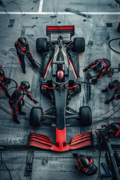 Equipo de formula uno realizando un pit stop en una carrera, coche de carreras parado en boxes haciendo un pit stop con un equipo profesional
