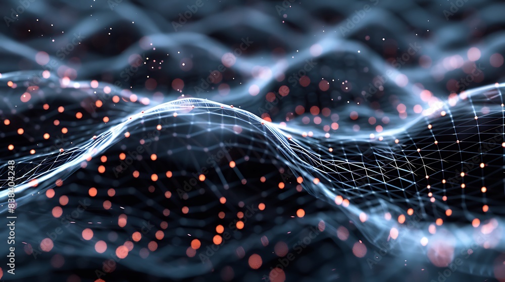 Poster abstract representation of a digital wave with glowing dots and lines, conveying a sense of technolo