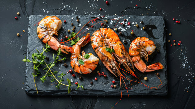 crevettes dispos&eacute;es sur une ardoise agr&eacute;ment&eacute;es de thym et de poivre rose