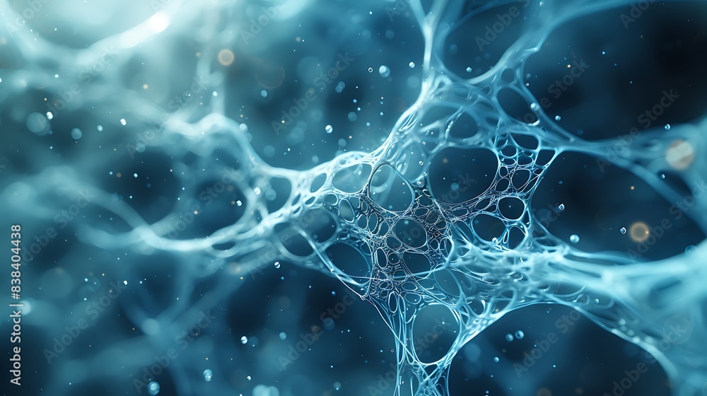 Poster abstract representation of interconnected neural network nodes with a blue glowing effect, illustrat