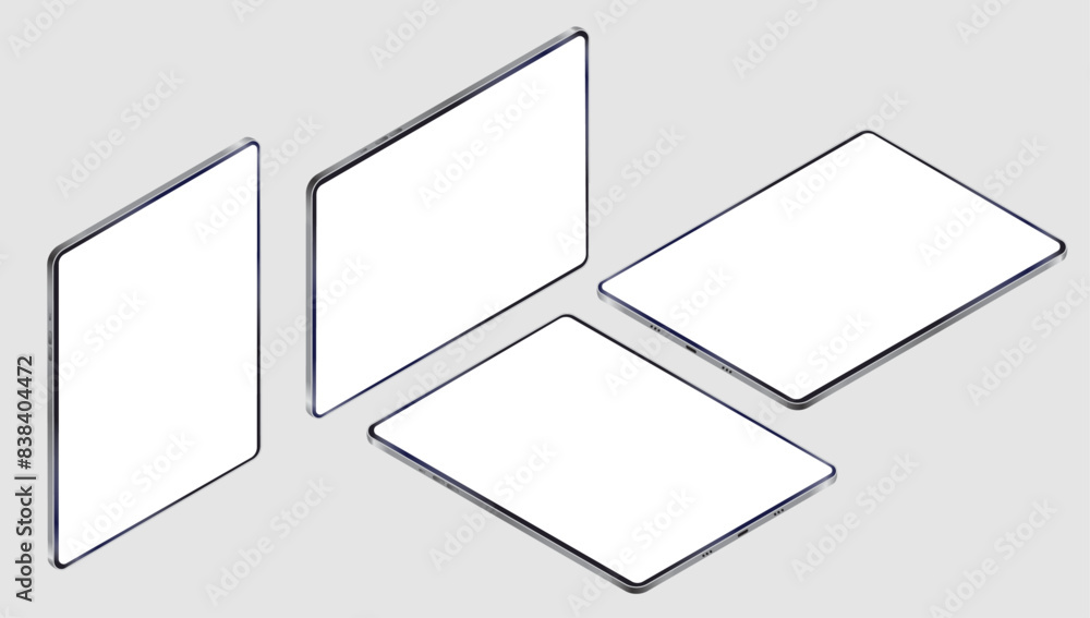 Aufkleber Isometric tablets mockup - Collection of devices in various angles with white empty screen. Perspective view vector illustration on grey background