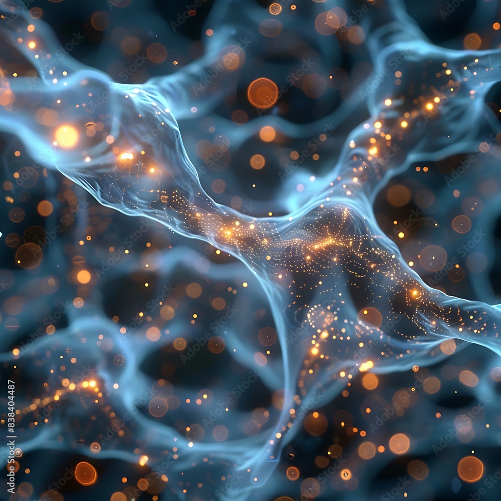 Poster abstract representation of neural connections with glowing nodes, blue and orange color scheme. perf