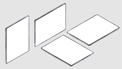 Isometric tablets mockup - Collection of devices in various angles with white empty screen. Perspective view vector illustration on grey background