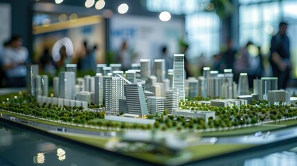Eco-friendly urban planning model displayed in a public exhibition space, showcasing sustainable city designs.