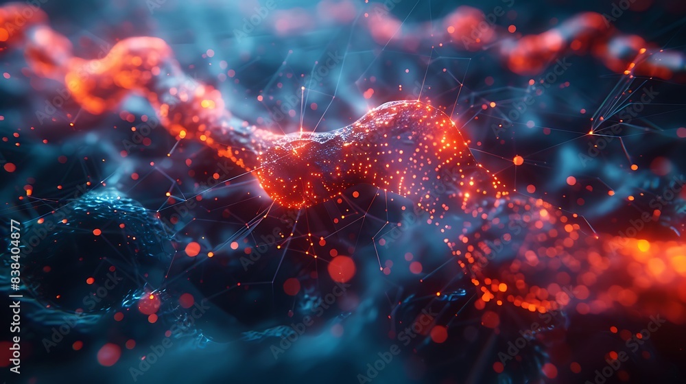 Poster abstract visualization of a glowing red and blue network, depicting neural pathways or interconnecte
