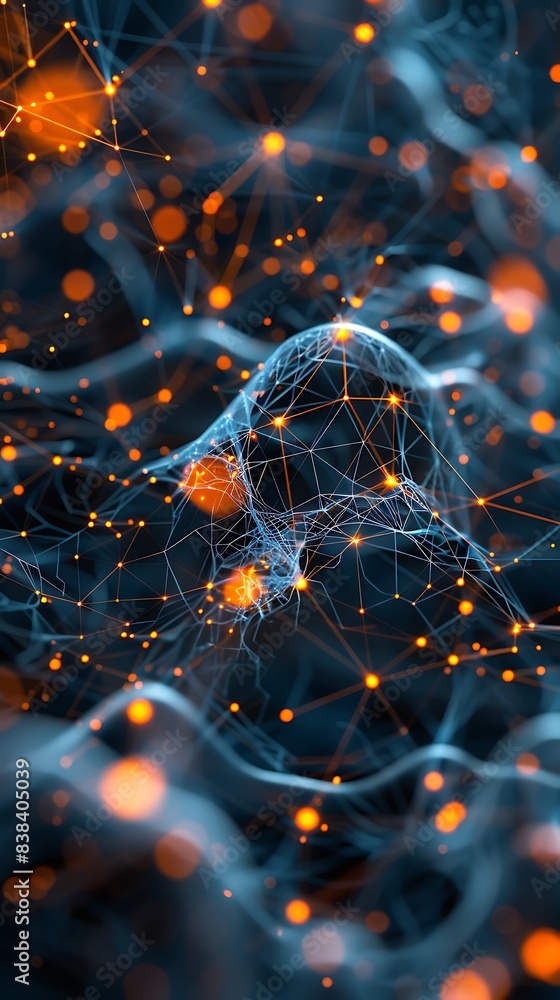 Poster abstract visualization of interconnected blue and orange wires and nodes representing digital connec