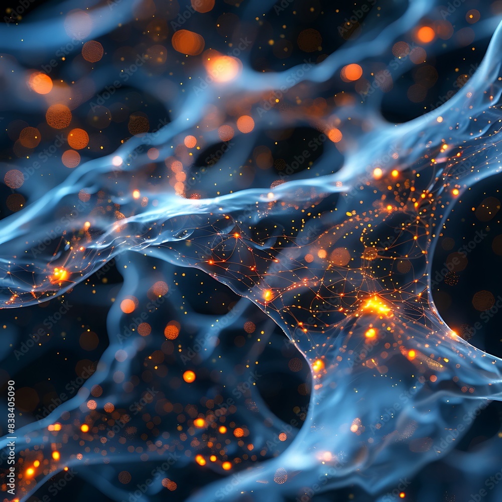 Poster abstract visualization of interconnected luminous particles forming a dynamic, glowing network again