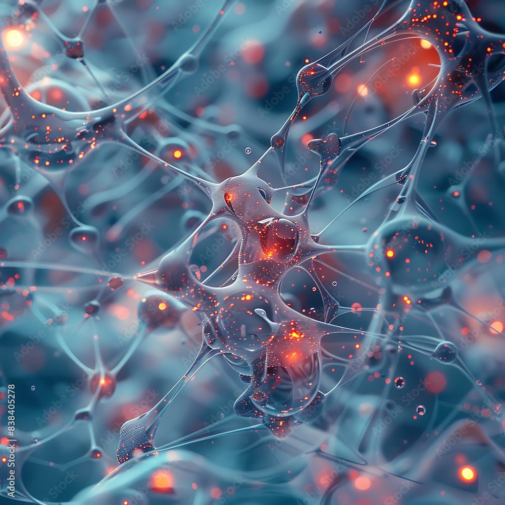 Poster abstract visualization of neural connections with vibrant glowing networks, representing advanced te