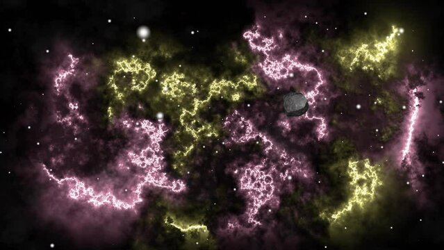 One meteorit are flying towards the camera. Meteor shower in space. 3D fantastic animation. 
