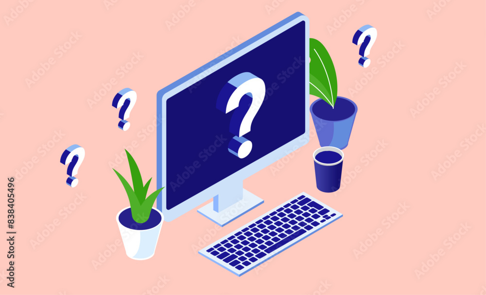 Aufkleber Computer with question mark - Desktop PC on desk and question marks all around. Technical data problem, issues and trouble concept vector illustration in flat design isometric perspective view