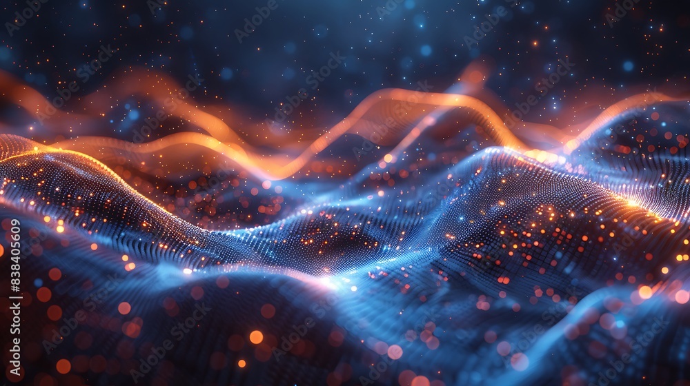 Poster abstract digital waveforms and glowing particles with a futuristic blue and orange color palette, pe