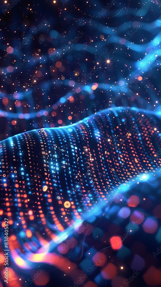 Poster abstract glowing lines and dots in a digital wave pattern, depicting advanced technology and futuris