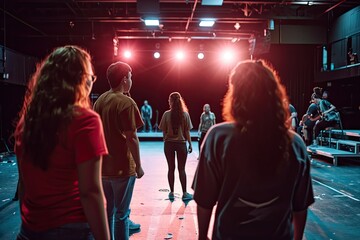 a man and a woman sitting in a theatre, a man and a woman sitting in a theatre, Actors rehearsing a scene in a community theater