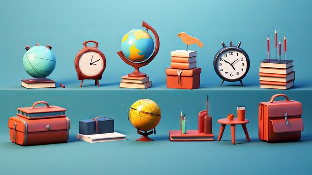 Vibrant back-to-school icons: bag, notebook, globe, books, clock & cap - 3d isolated renders for learning & online education banners.

 - Powered by Adobe