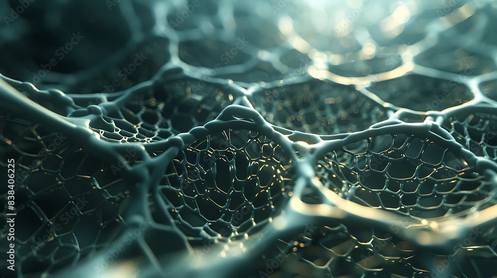 Poster close-up of intricate network or web structure, showcasing details and light reflections. perfect fo