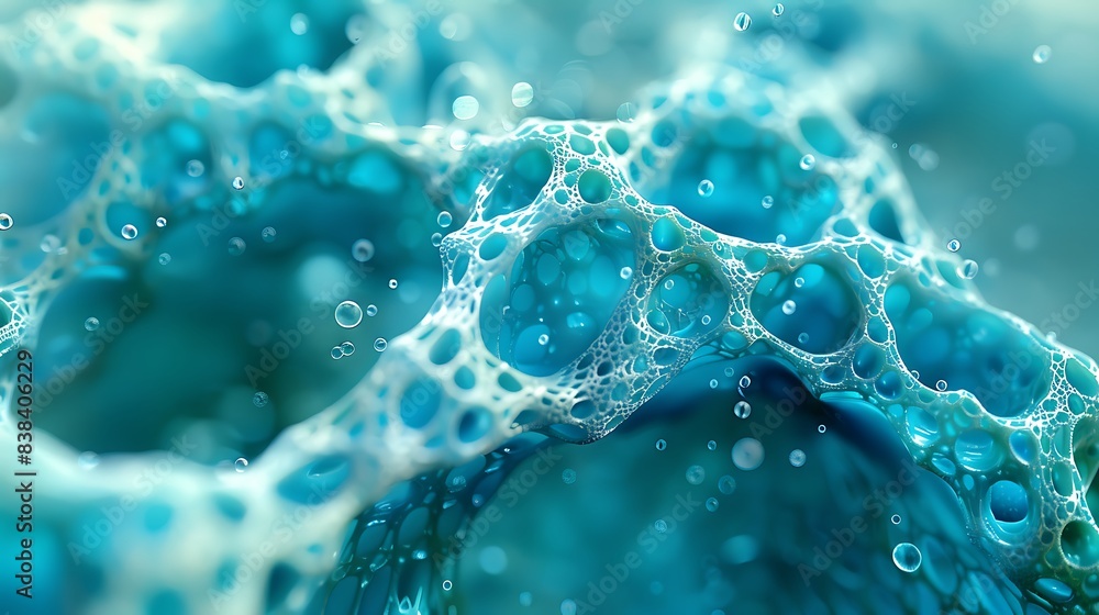 Poster close-up of blue soap bubbles creating abstract, intricate patterns with textured, foamy surfaces an