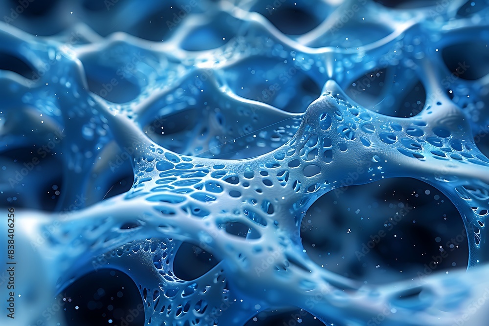 Poster close-up view of a blue porous structure resembling a sponge or cell network, highlighting intricate
