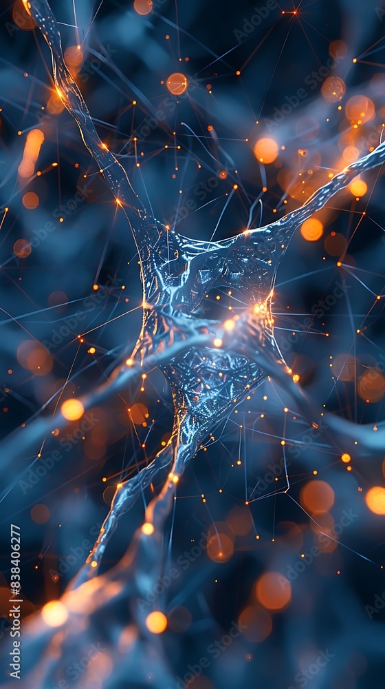 Poster close-up view of a vibrant neural network, highlighting the intricate connections and glowing synaps