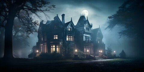 Mysterious moonlit mansion in mist evoking eerie charm and haunting beauty. Concept Moonlit Mansion, Eerie Charm, Haunting Beauty, Misty Atmosphere, Gothic Architecture