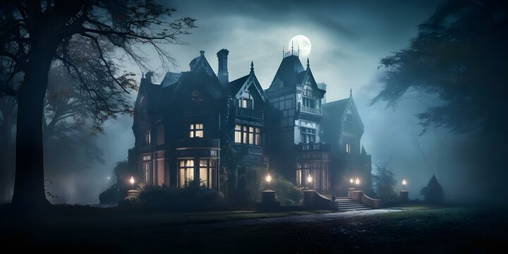 Mysterious moonlit mansion in mist evoking eerie charm and haunting beauty. Concept Moonlit Mansion, Eerie Charm, Haunting Beauty, Misty Atmosphere, Gothic Architecture