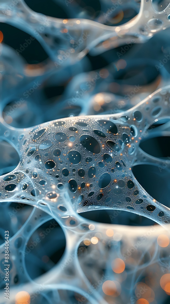 Poster closeup of intricate network structure resembling a biological or chemical model, with multiple inte