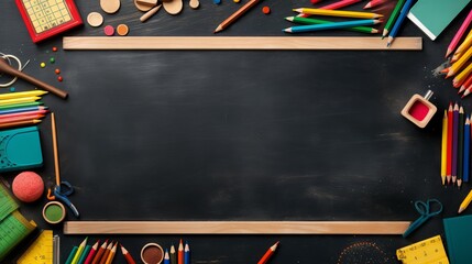 Colorful school supplies arranged in a vibrant bottom border against a chalkboard background: back to school essentials for creativity and learning.

