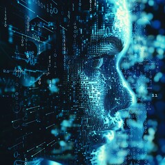 Naklejka premium Digital face overlay with futuristic technology background, representing artificial intelligence and data science.