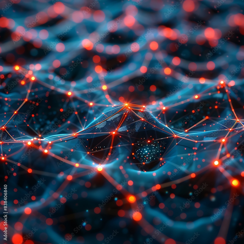 Poster futuristic abstract background with glowing blue and red lights forming intricate geometric patterns