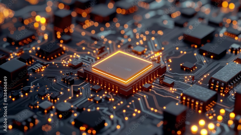 Poster 3d rendering of a cpu chip on a motherboard, highlighting intricate circuits and surrounding microch