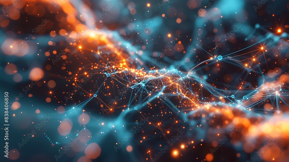 Poster futuristic abstract background with glowing orange and blue elements, representing neural networks, 