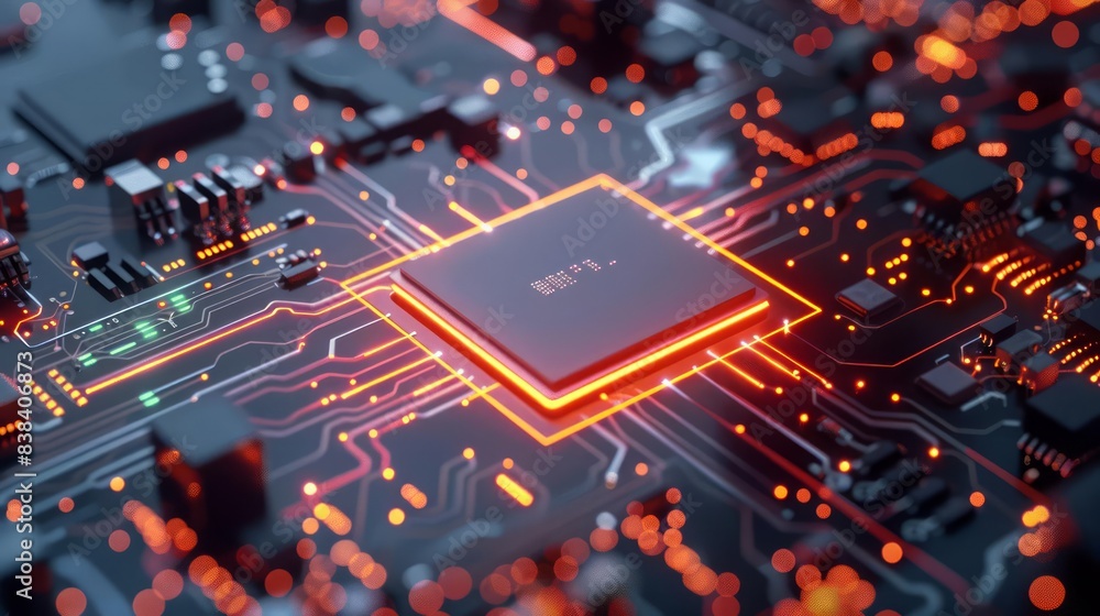 Poster 3d rendering of a cpu chip on a motherboard, highlighting intricate circuits and surrounding microch