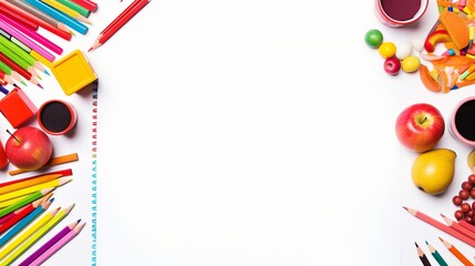 Vibrant back-to-school essentials set on clean white surface.

