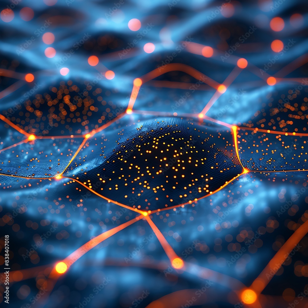 Poster futuristic background with glowing orange lines and dots forming a network pattern on a blue surface