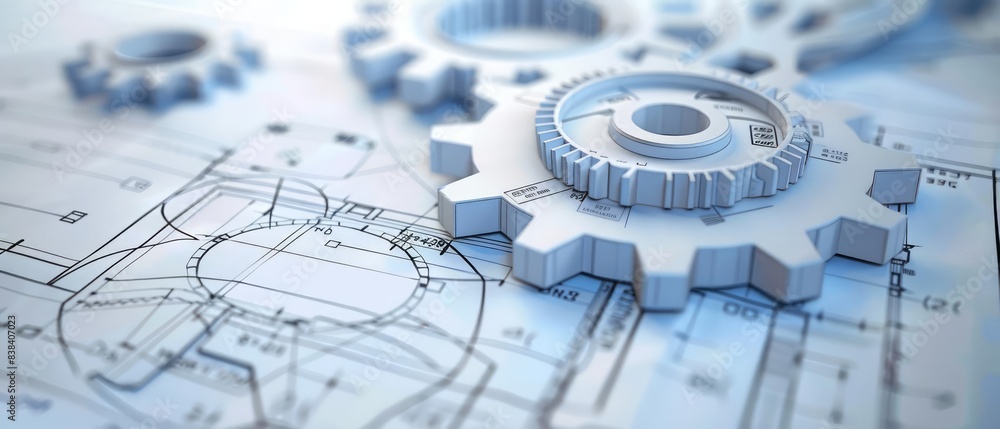 Poster a 3d rendering of blueprints and technical drawings featuring a mechanical gear design