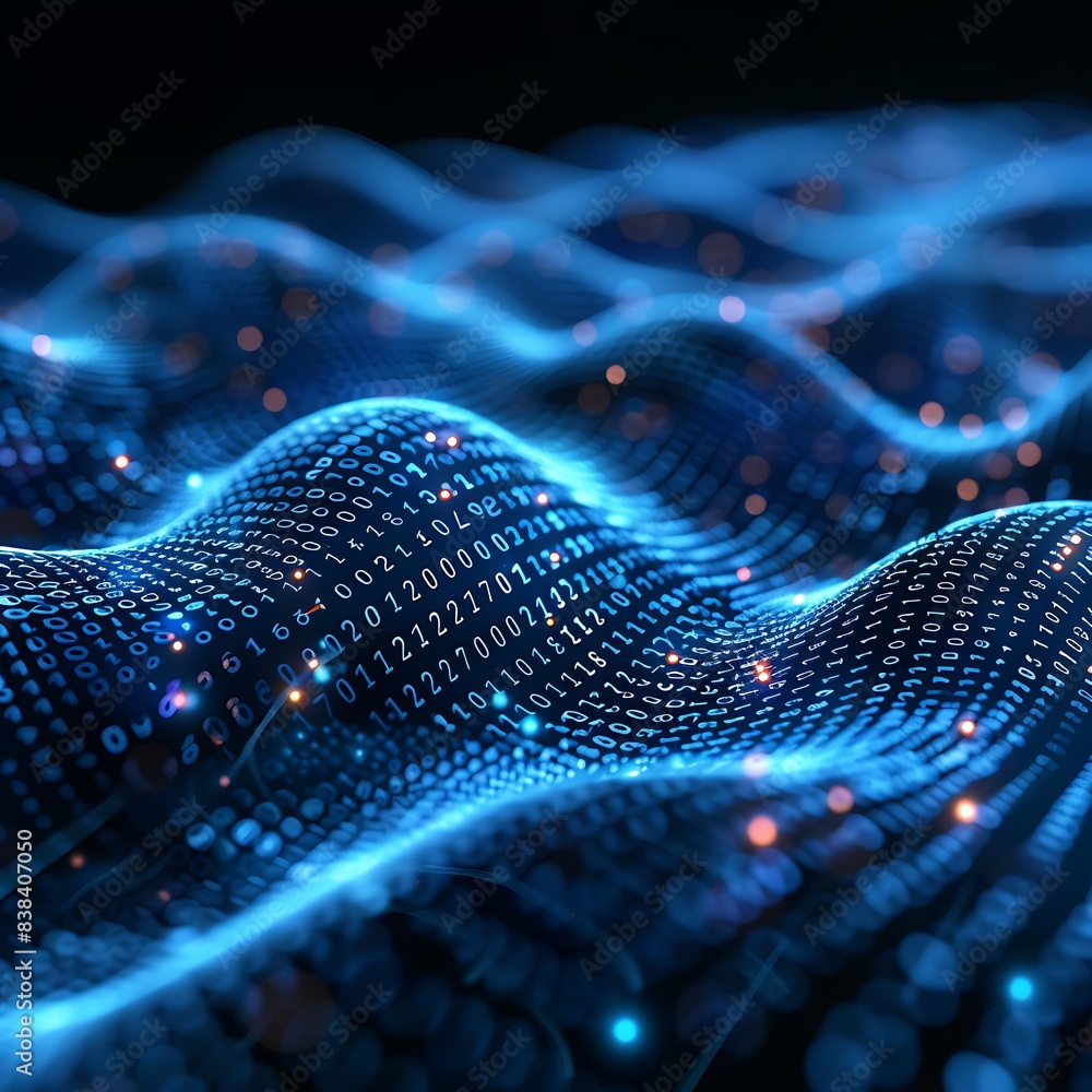 Poster futuristic digital abstract wave of data and technology, resembling a network or blockchain, glowing